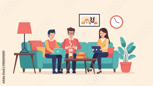 Three people with laptops relax on a sofa with snacks and a plant