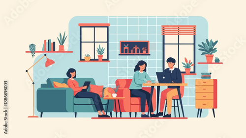 Three people work and relax in a modern living room space