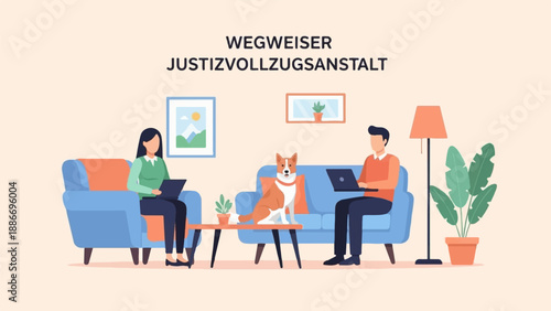 Two people and a dog relax in a living room with laptops