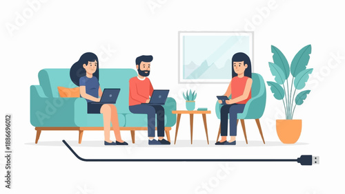 Three people work on laptops and tablets in a living room