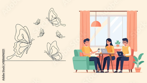 Three people work and relax in a room with butterflies outside