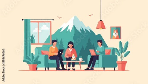 Three people work on laptops in a cozy living room with a dog