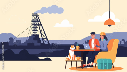 Two people and dog relax near a mine with a laptop and coffee