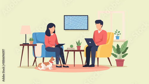 Two people and a dog relax in a living room with plants