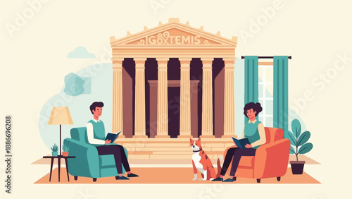 Two people and dog relax with books in classical setting