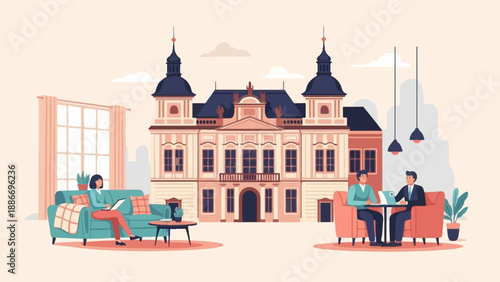 Two groups of people interact in separate, comfortable spaces before a grand building