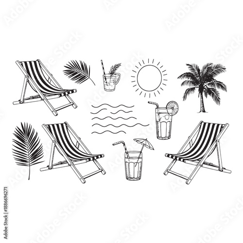 Black and white of beach chairs drinks palm trees and sun deck chairs