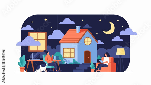 Two people and dog relaxing at home at night under a crescent moon and stars
