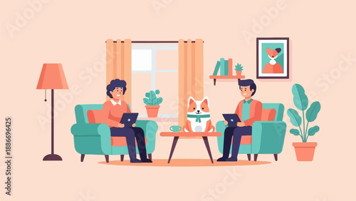 Two people and dog relaxing in living room with laptops
