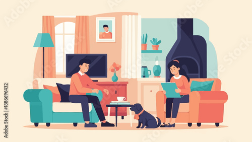 Two people and dog relaxing in a cozy living room with modern decor