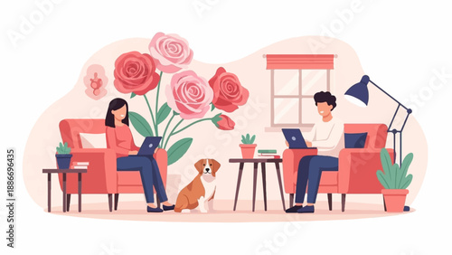 Two people and a dog relax in armchairs with laptops and flowers