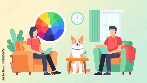 Two people and a dog relax in cozy chairs, a color wheel and clock adorn the wall