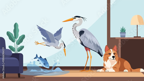Two herons and a dog in a room with a splashing fish near a couch