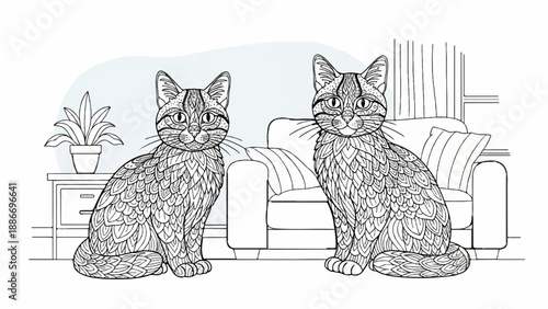 Two intricately patterned cats sit indoors near a chair and table