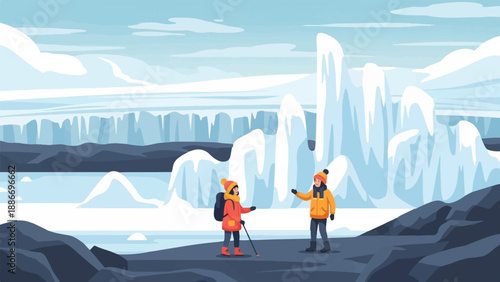 Two hikers explore an arctic landscape with glaciers and icy formations