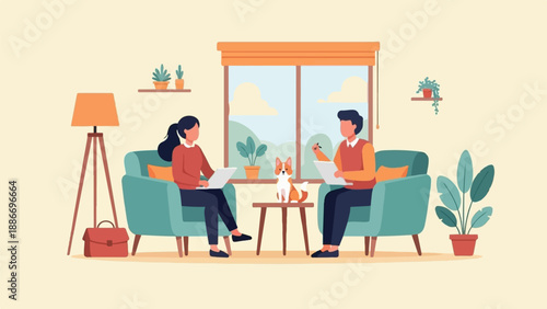Two people and a dog relax indoors with plants and natural light