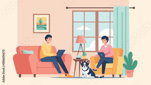 Two people and a dog relax inside a cozy room with laptops