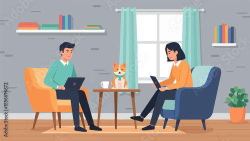 Two people and dog work on laptops in a cozy living room