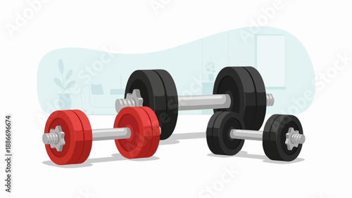 Two barbells with red and black plates on a white background