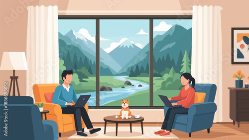 Two people and dog work on laptops in a cozy room with mountain view