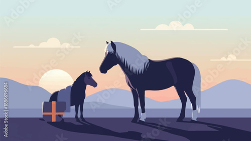 Two horses at sunset, one a foal in a gift box