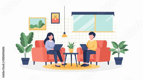 Two individuals working on laptops while seated on chairs in a room