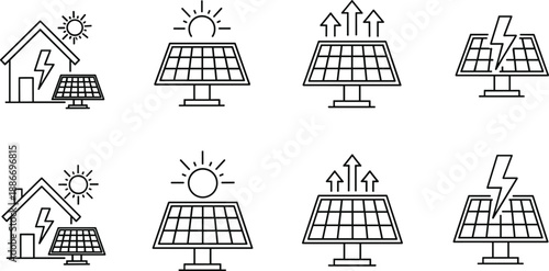 Solar Energy and Smart Home Icon Set Featuring Residential Photovoltaic Panels, Renewable Power Generation, Sustainable Electricity, and Green Technology SymbolsSolar Energy 