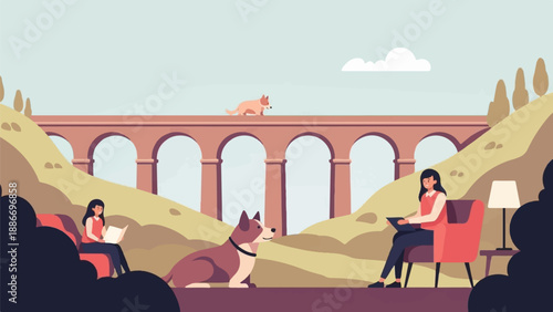 Two people and dogs relax near an arched bridge on a sunny day