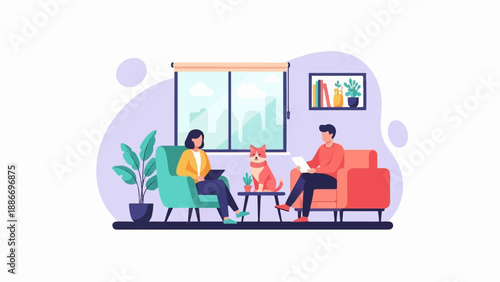 Two people and a dog relaxing in a cozy room with a window