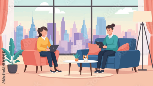 Two individuals working on laptops and tablets in a modern office with a cityscape view