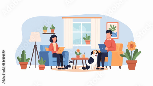 Two people and dogs using laptops in a living room with plants