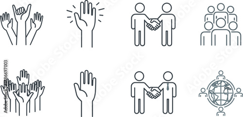 Teamwork and Global Collaboration Icon Set with Handshakes Raising Hands Business Partnership Volunteers Networking Group Success Achievement Agreement Community and Unity
