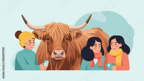 Three smiling people in winter attire stand with a large, shaggy brown cow