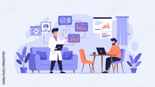 Two individuals collaborate on a data analysis project in a modern office