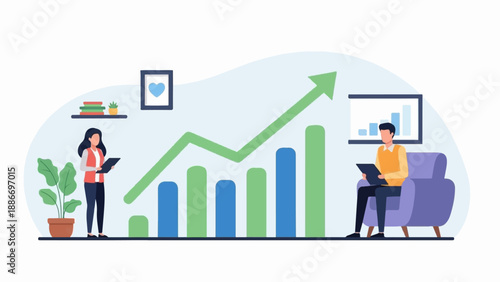 Two individuals analyze a rising financial graph with bar charts on screens