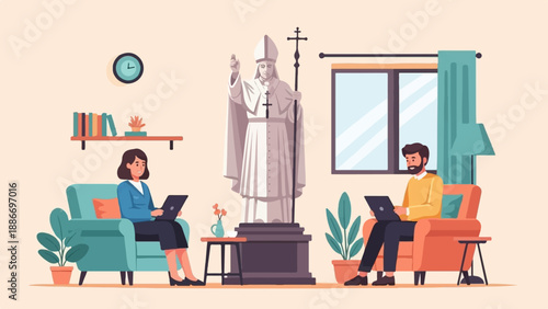 Two individuals work on laptops near a statue and window in a room