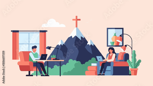 Two individuals work on laptops in home offices with a mountain backdrop