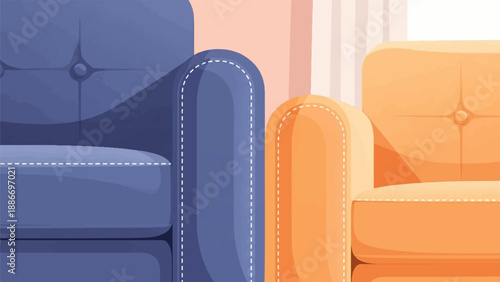 Tufted upholstered seating in contrasting blue and orange hues