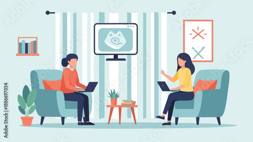 Two individuals work on laptops in cozy armchairs while a monitor displays an icon