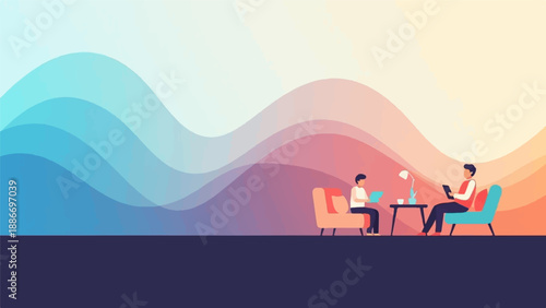 Two individuals engage in conversation near a table, against a backdrop of colorful, flowing waves