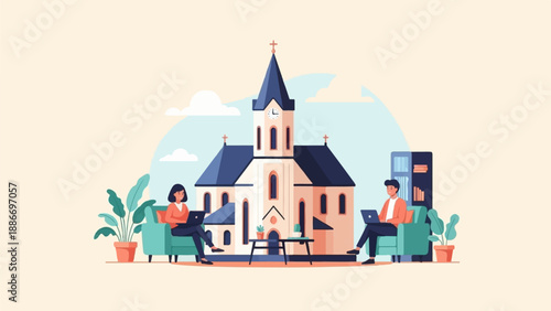 Two individuals work on laptops in comfortable chairs outside a church