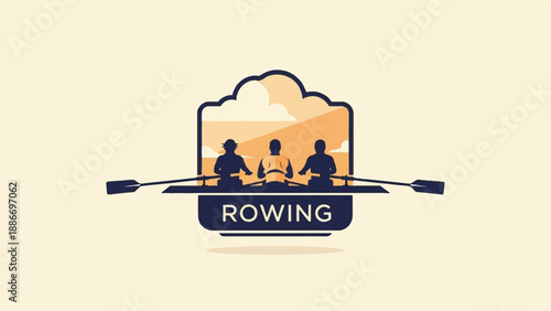 Three silhouetted figures rowing in unison with oars extended outwards