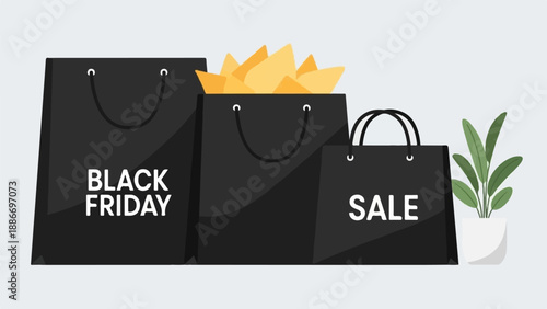 Three shopping bags, one labeled "BLACK FRIDAY" and another "SALE", with tissue paper and a plant