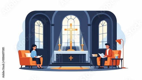 Two individuals find solace reading in a church with a prominent cross