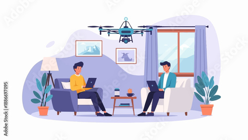 Two men work on laptops while a drone hovers indoors