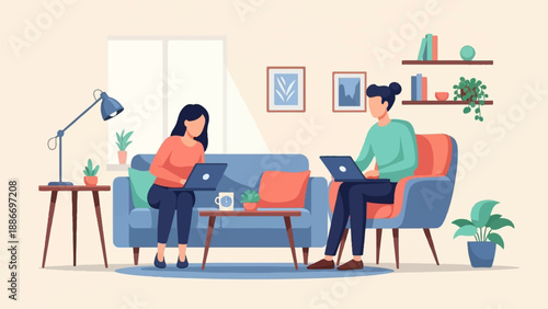 Two individuals work on laptops in a cozy living room setting