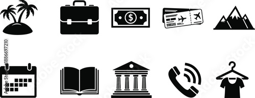 Travel and Finance Lifestyle Icon Set Featuring Tropical Island, Briefcase, Money, Plane Tickets, Mountains, Calendar, Book, and Banking Service Symbols