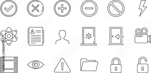 Universal Interface Icon Set with Security Lock Folder Video Camera Warning Sign and Navigation Symbols for Website App Design Digital Graphics