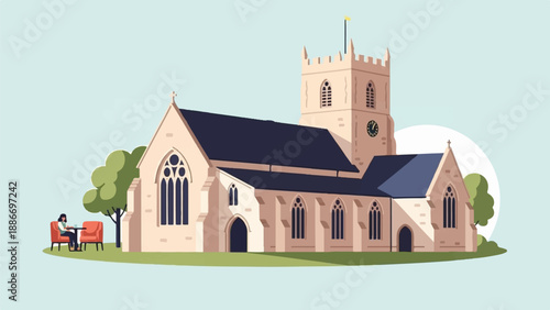 Tranquil churchyard scene with a woman enjoying coffee on a sunny day