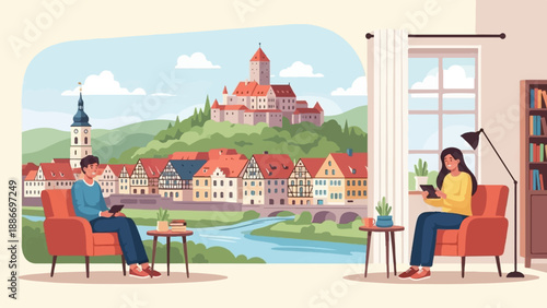 Two individuals relax indoors while observing a charming European town with a castle backdrop